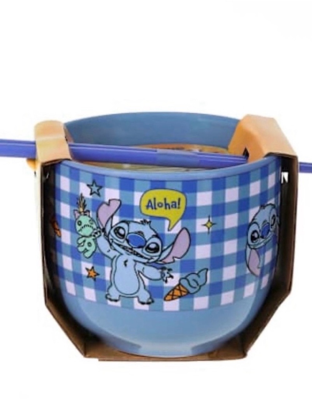 NWT Stitch Aloha Blue Checkered Bowl with Chopsticks - Picture 3 of 9